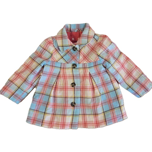 Cherokee Girls Plaid Dress Coat 2T Toddler Blue Pink Button Front - Picture 1 of 6